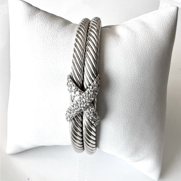 David Yurman Sterling Silver Double Row Diamond X Cable Bracelet - Picture 5 of 16